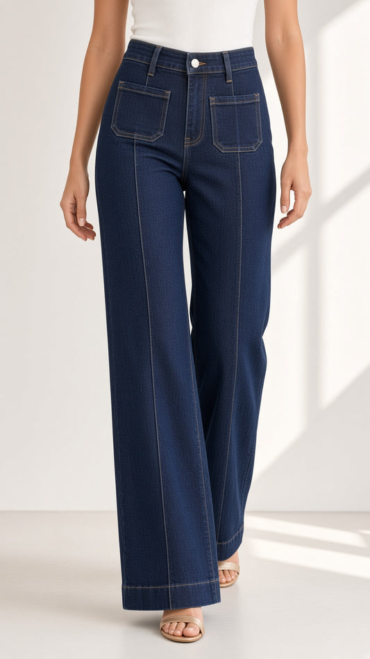 Pantalón Vaquero Oscuro Pata Ancha con Bolsillos Delanteros y Costura Central  50381