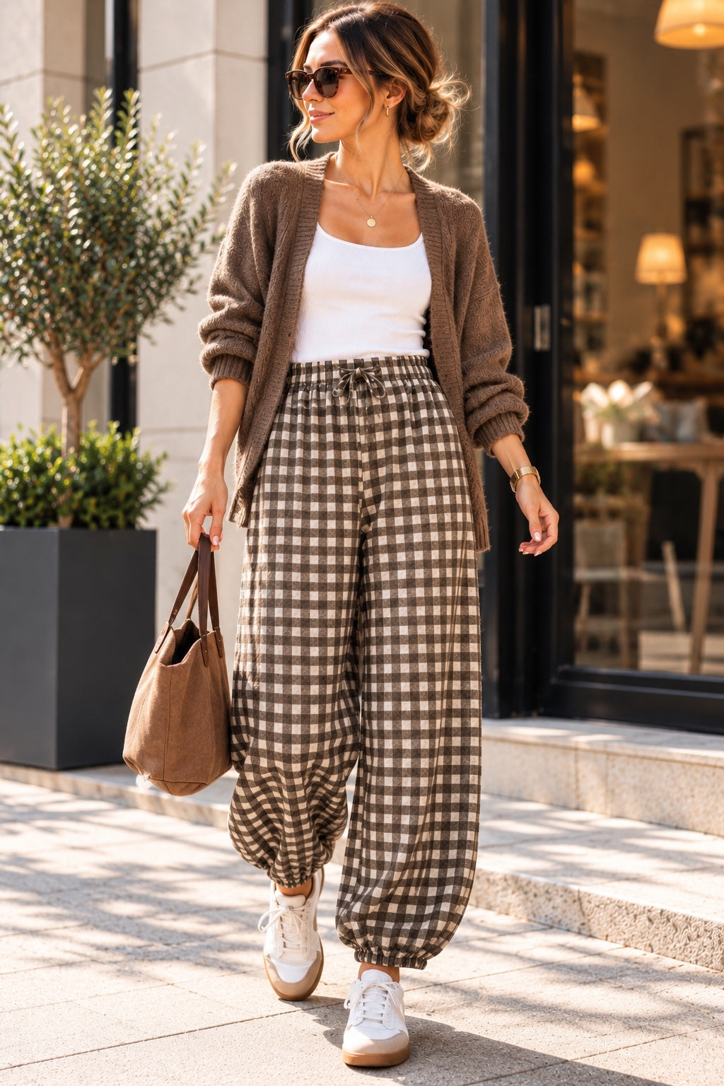 Pantalón Jogger Vichy Otoño marrón