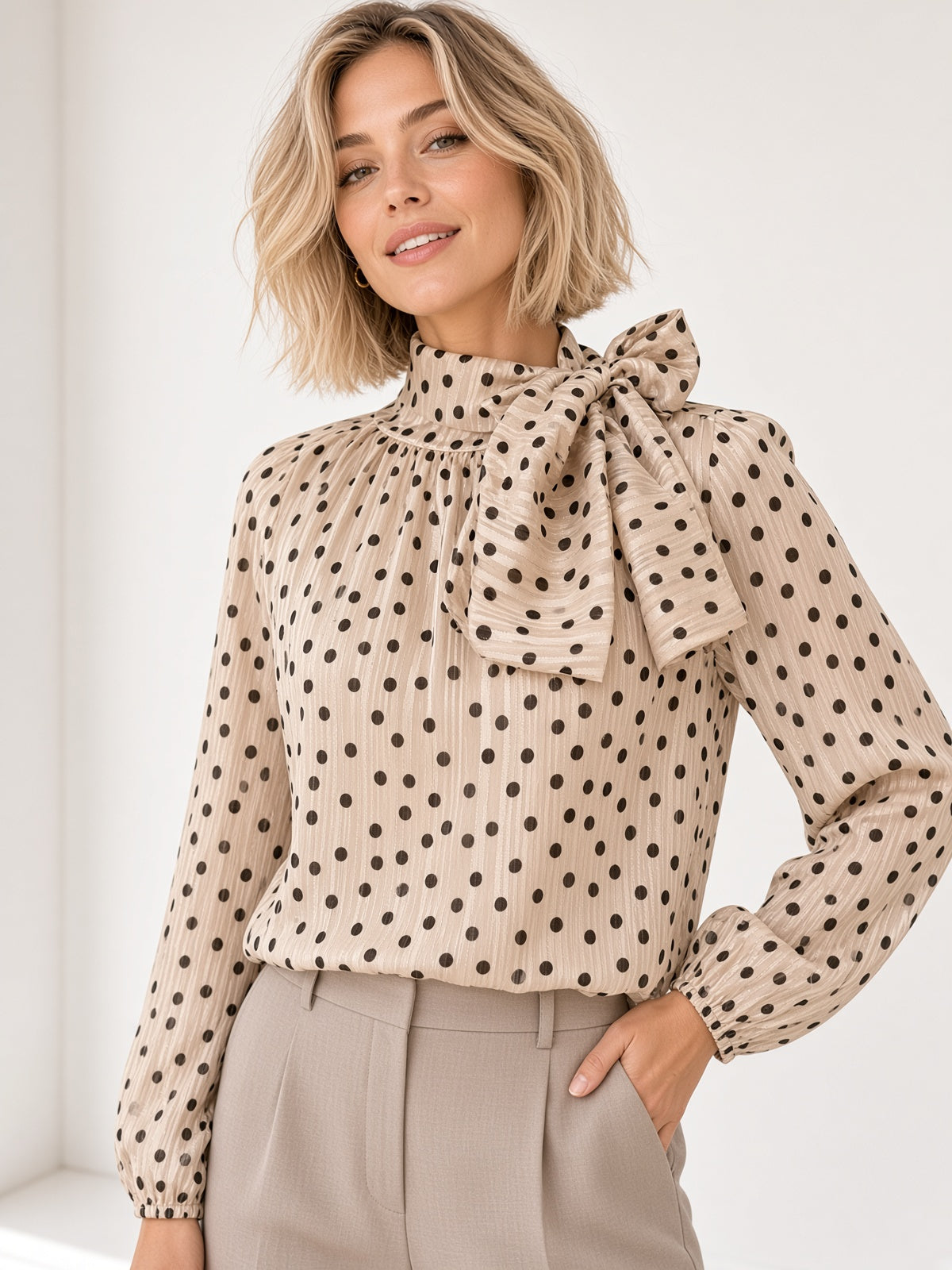 Blusa de gasa con lazada al cuello y estampado de lunares 1785