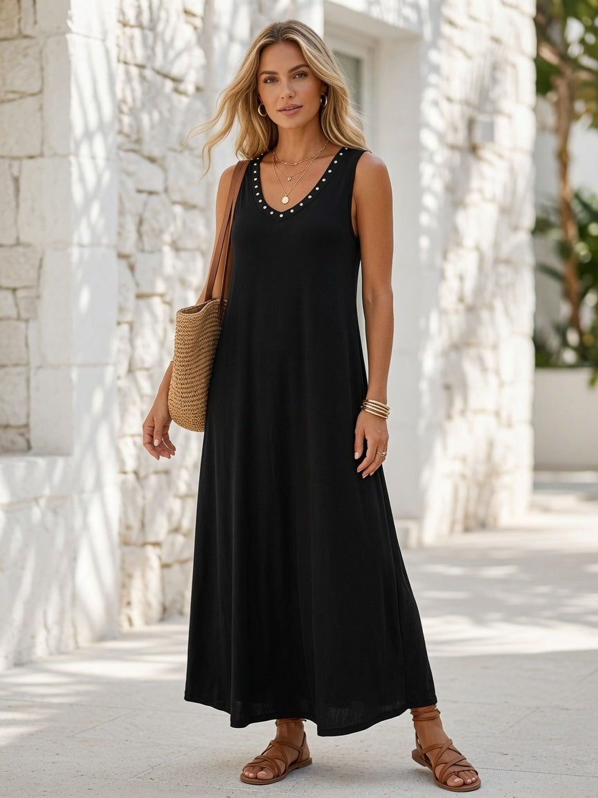 Vestido Largo de Canalé cuello tachuelas 3120