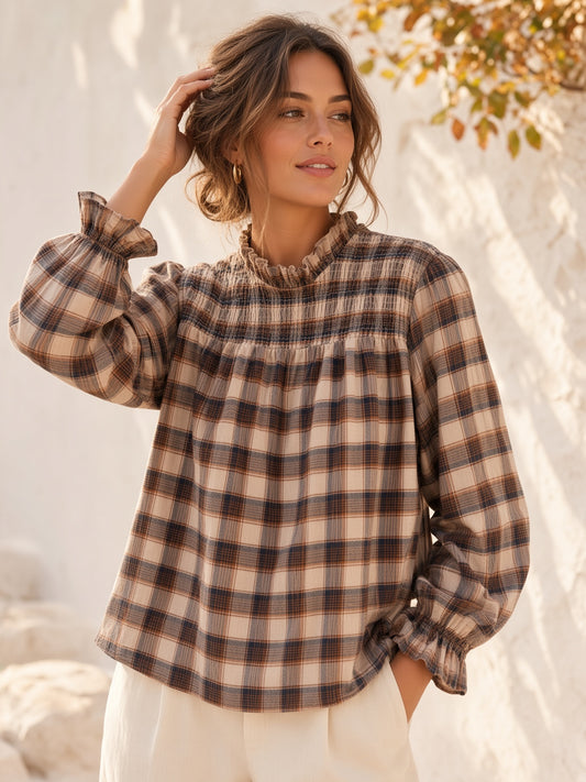 Blusa Holgada de Cuadros Cuello Fruncido 2524