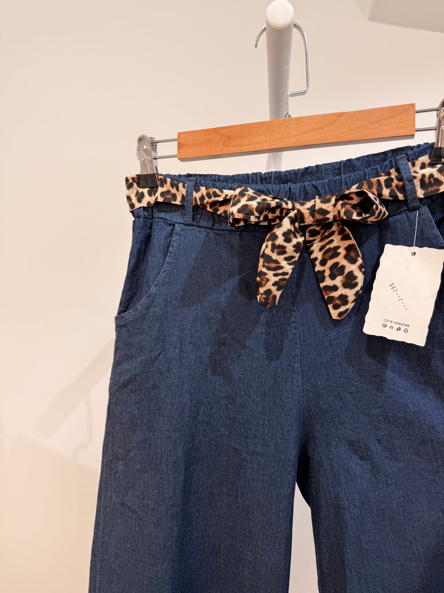 Pantalón Culotte Vaquero Fino con Lazo de Leopardo