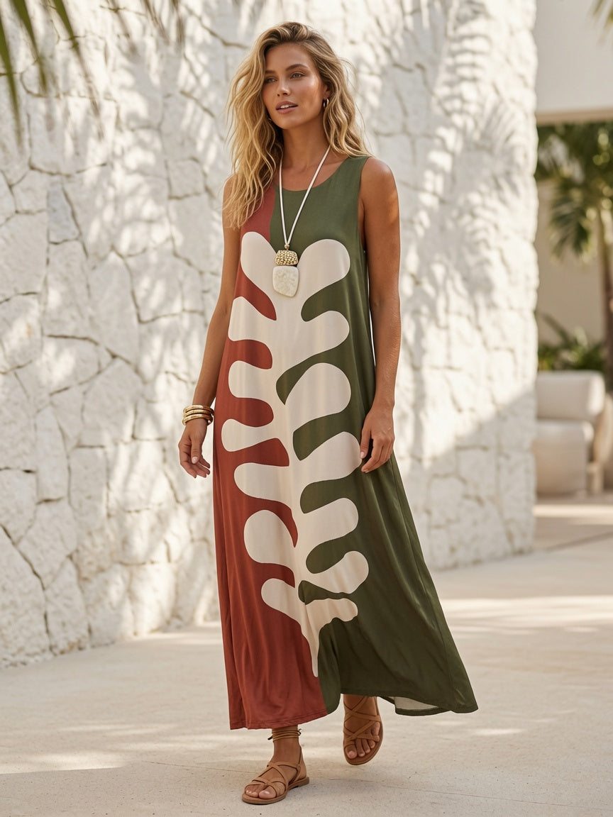 Vestido Largo Licra fría Bicolor Hojas 2513