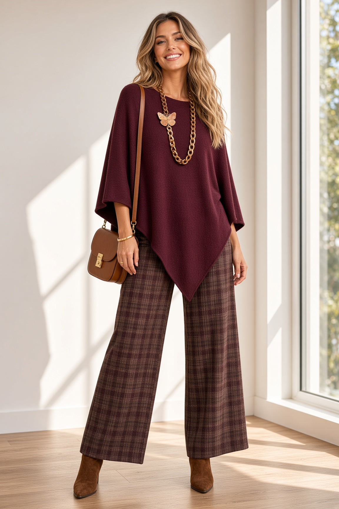 Pantalón pernera ancha estampado de cuadros 362309