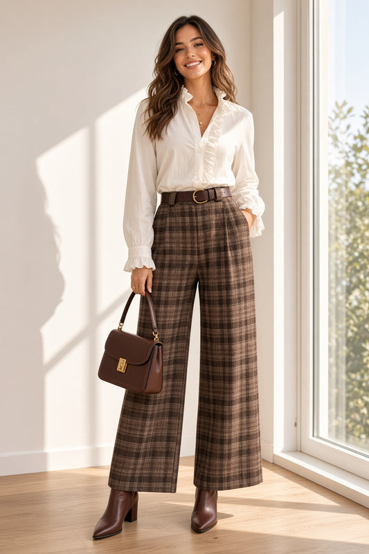 Pantalón pernera ancha estampado de cuadros 362309
