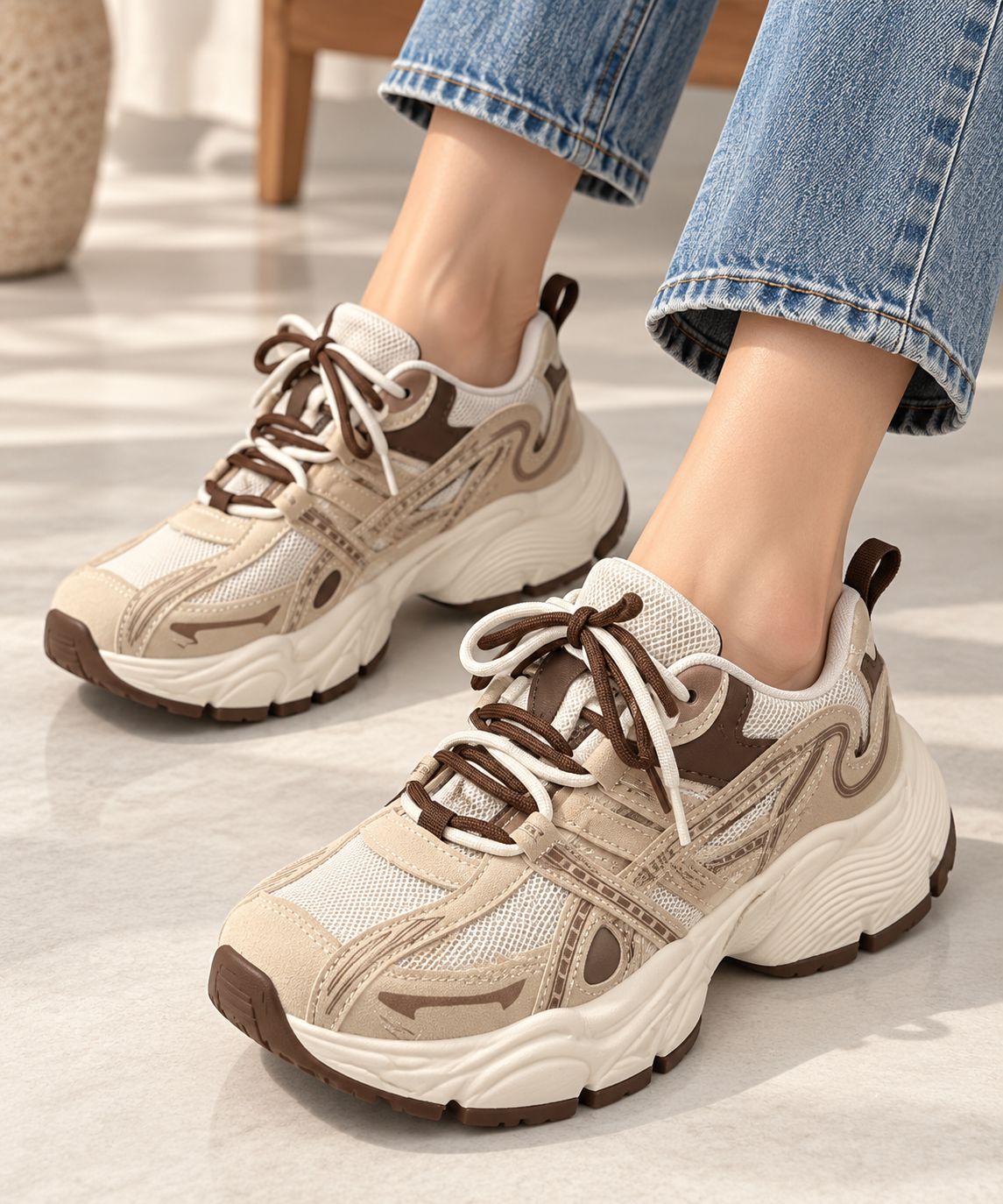 Zapatilla deportiva estilo "Chunky" en tonos beige y marrón 003