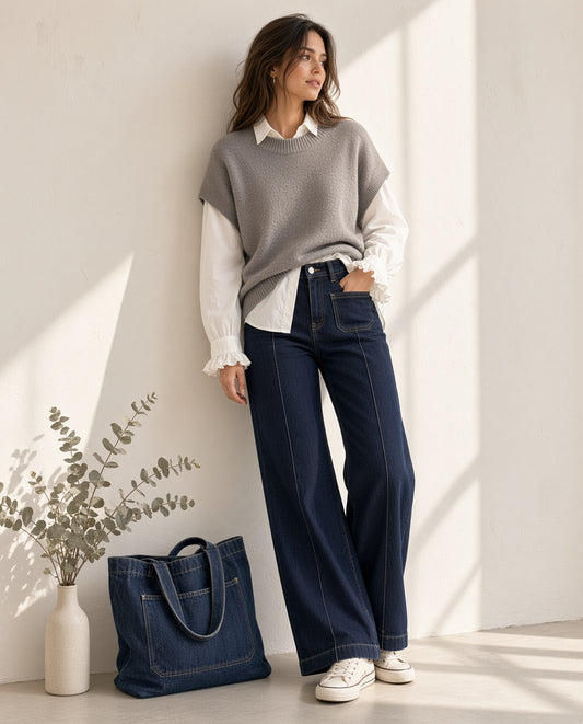 Pantalón Vaquero Oscuro Pata Ancha con Bolsillos Delanteros y Costura Central  50381