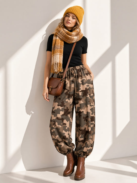 Pantalón bombacho camuflaje con cintura elástica y bolsillos 3708