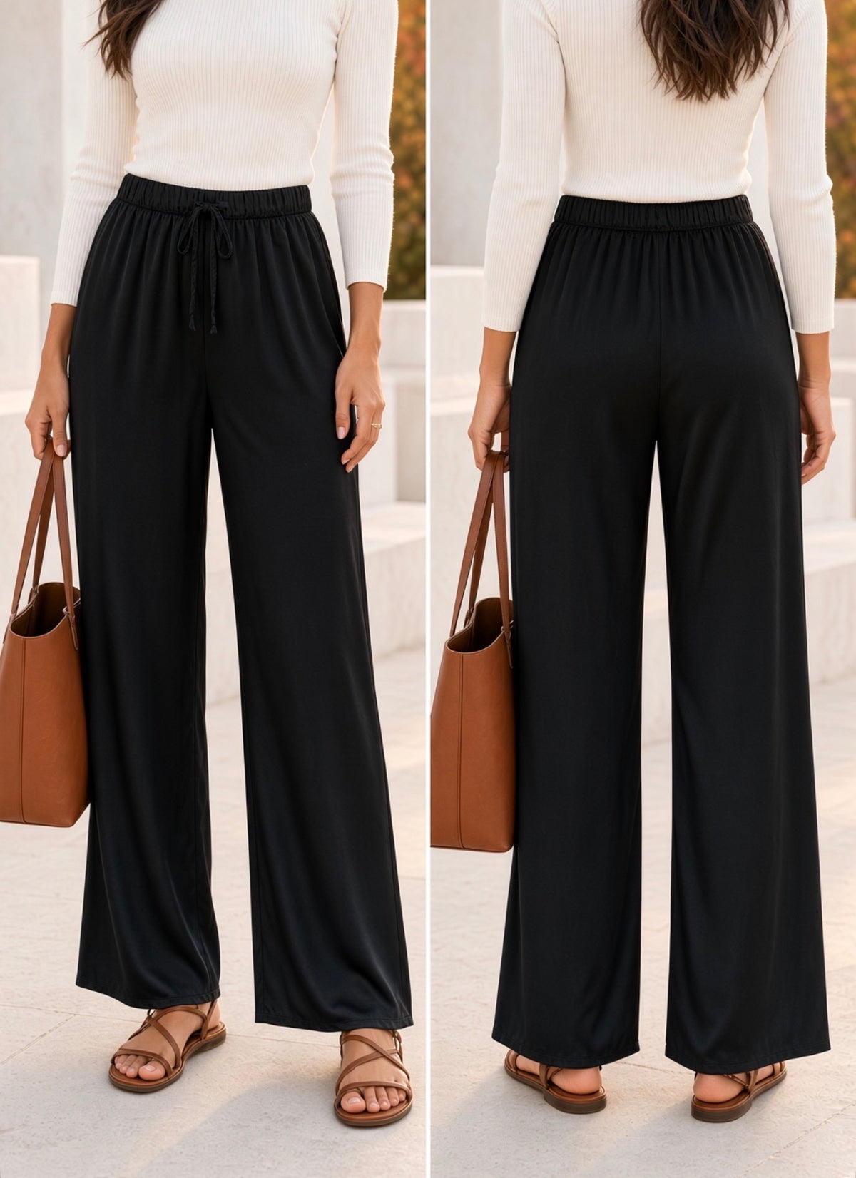 Pantalón satinado pernera ancha con cintura elástica 13856