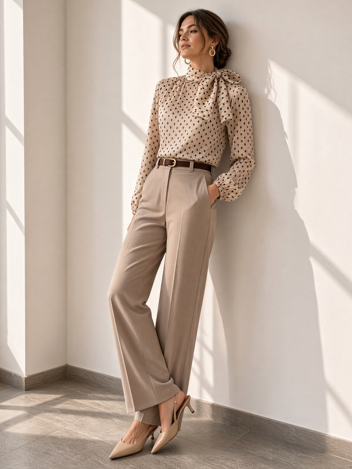 Blusa de gasa con lazada al cuello y estampado de lunares 1785