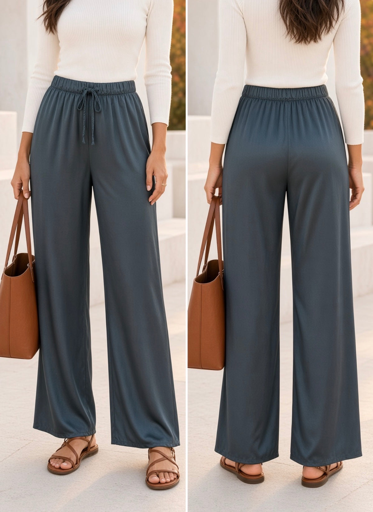 Pantalón satinado pernera ancha con cintura elástica 13856