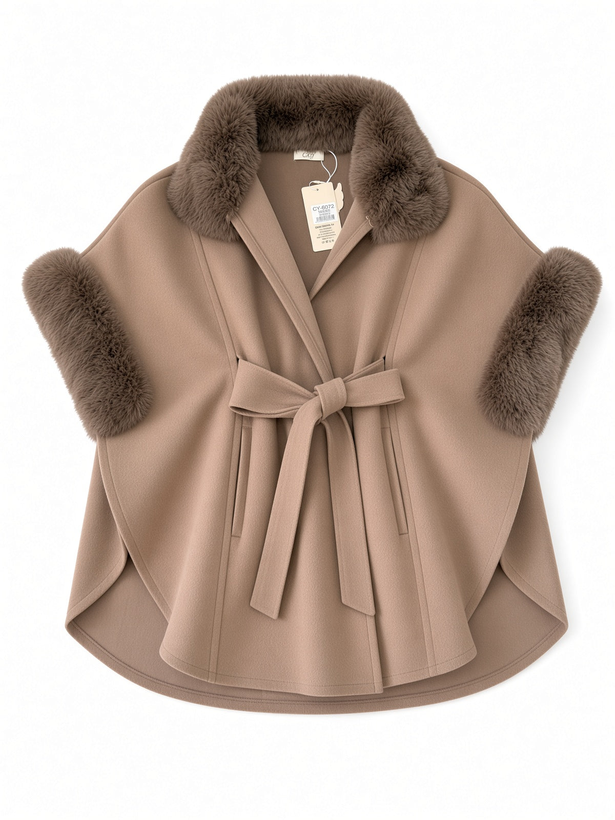 Poncho con cuello y puños de pelo sintético 6072
