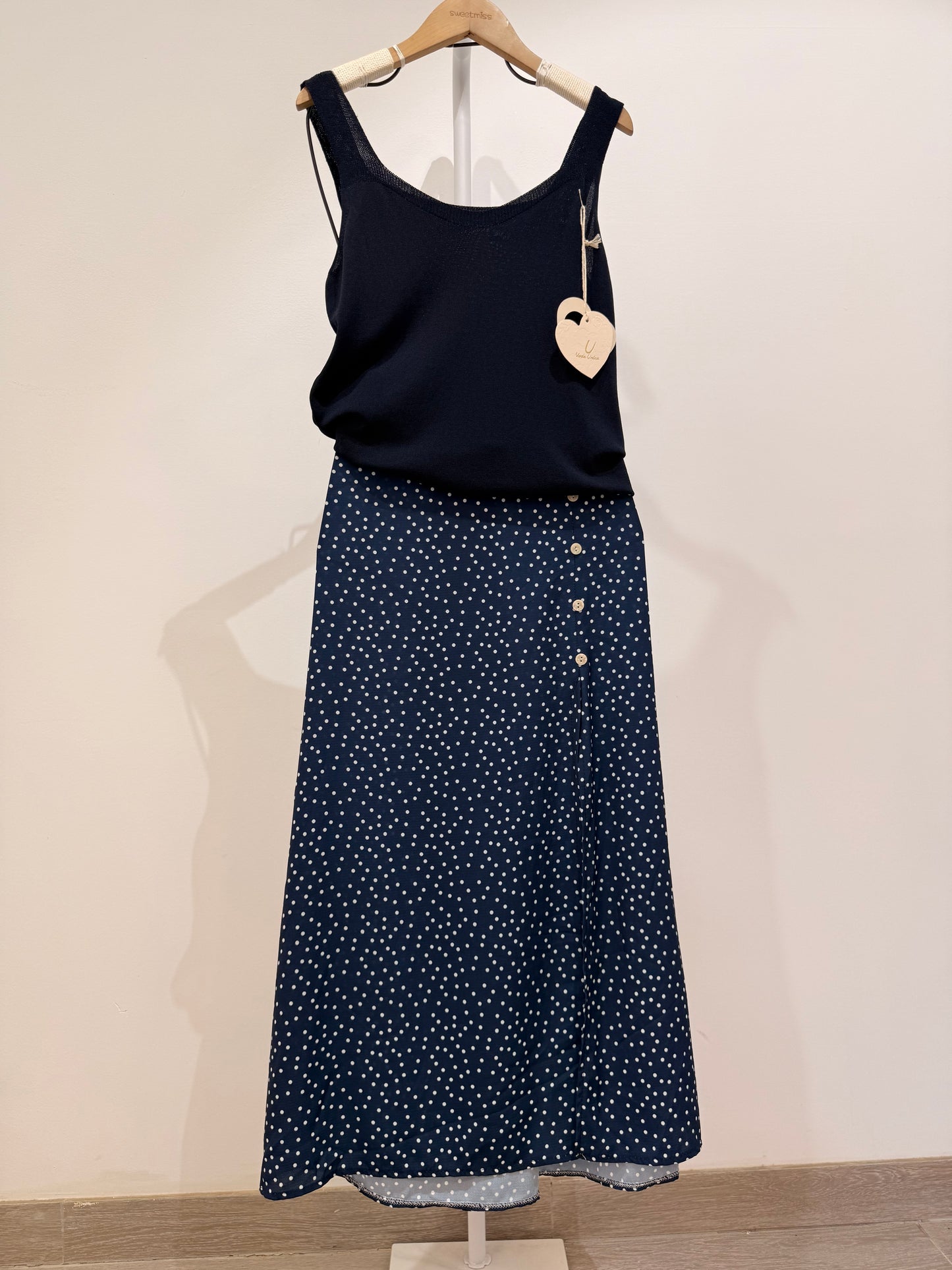 Falda midi lunares dispersos con abertura(12338)