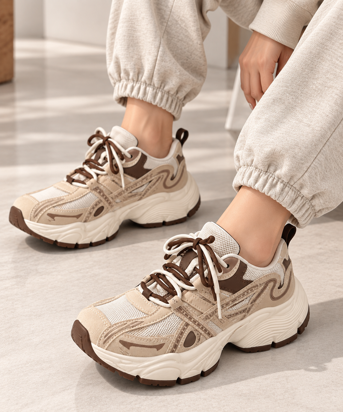 Zapatilla deportiva estilo "Chunky" en tonos beige y marrón 003