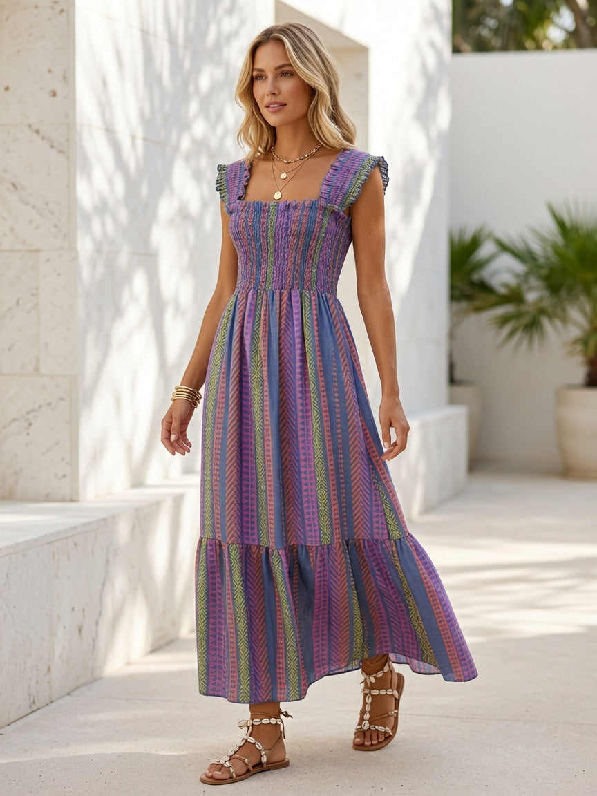 Vestido Largo Boho Pecho Nido de Abeja y Estampado Étnico 09530