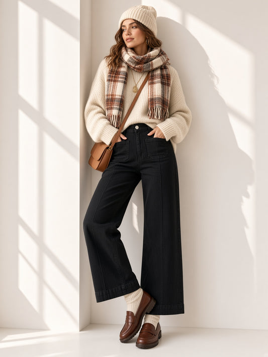 Pantalón Vaquero Negro Pata Ancha con Bolsillos Delanteros y Costura Central  50382