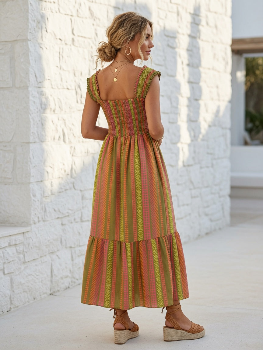 Vestido Largo Boho Pecho Nido de Abeja y Estampado Étnico 09530