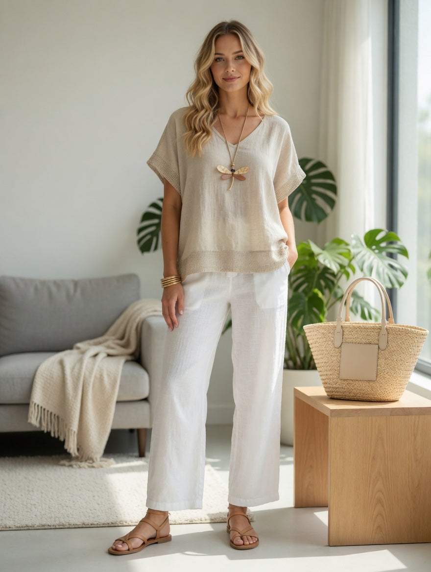 Blusa Fluida de Algodón con Bordes Calados
