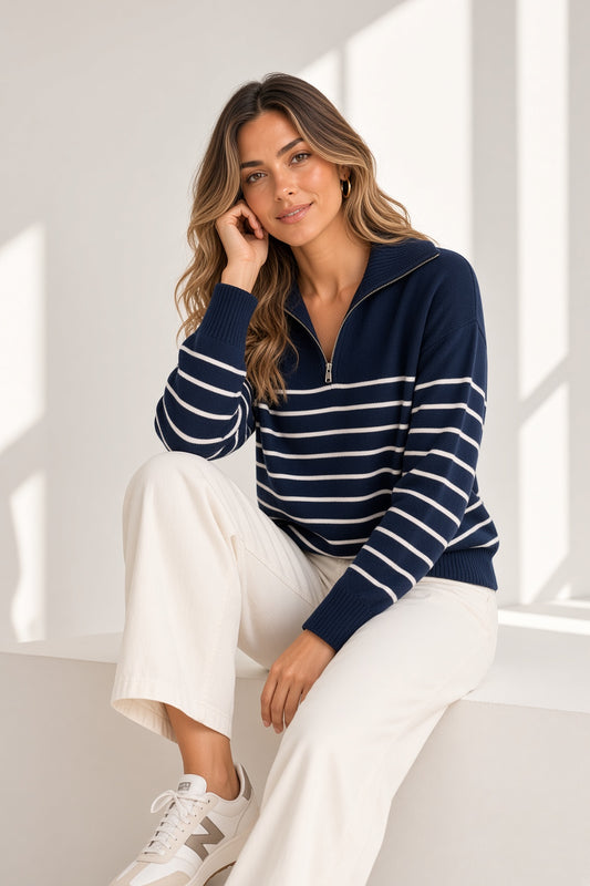 Jersey de punto a rayas con cuello polo y cremallera 5083