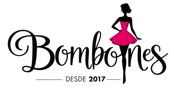 Bombonesmoda logo manuscrito negro con silueta de mujer en vestido fucsia, desde 2017